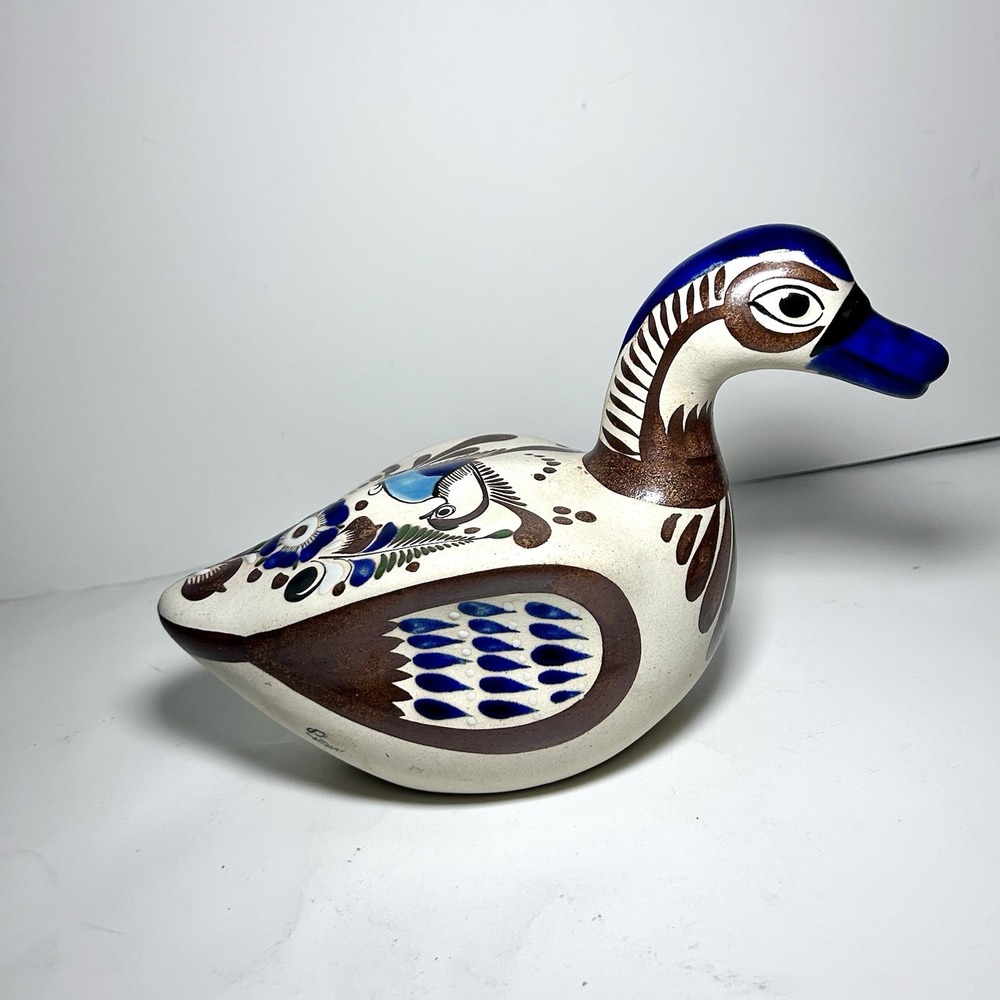 Vintage Tonala Mexican Hand Painted Art Ceramic Pottery DUCK Signed Blue White